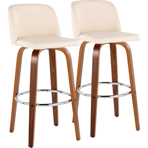 Toriano 30" Swivel Bar Stool in Walnut Wood & Cream Leatherette w/ Chrome Footrest (Set of 2)